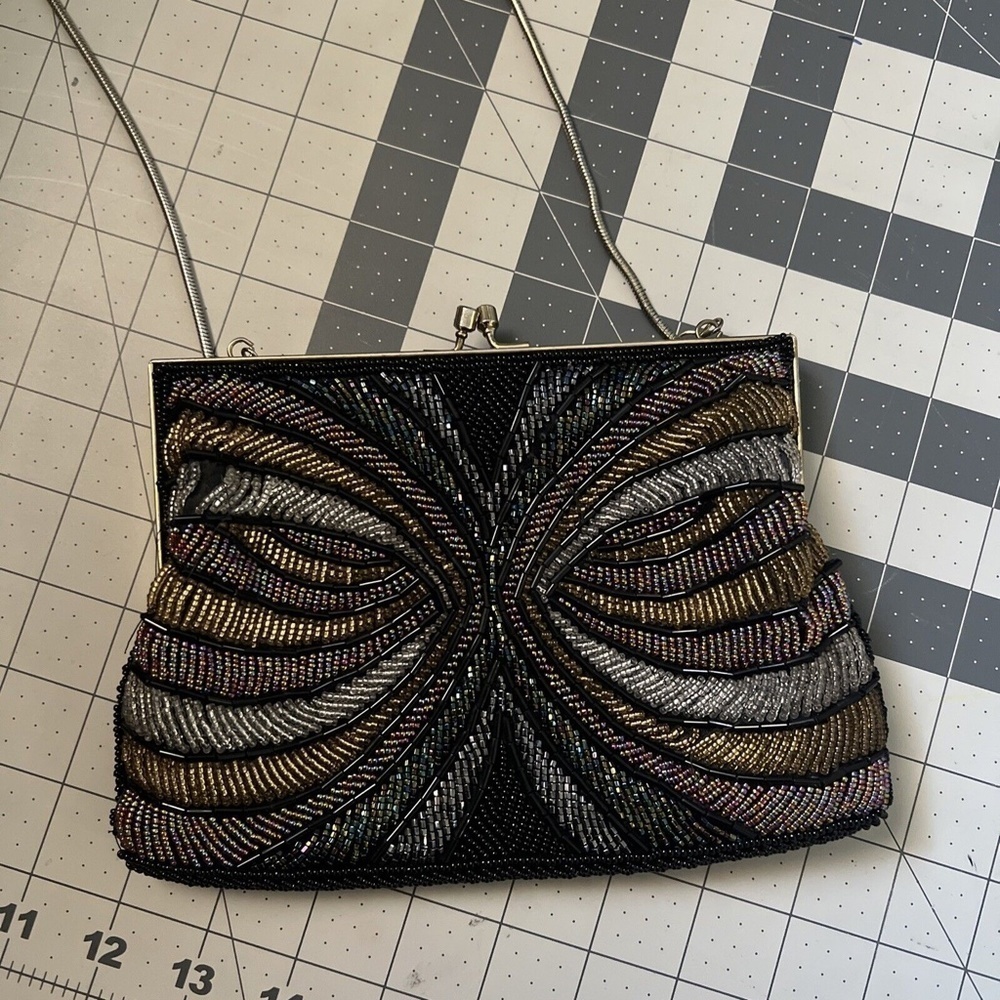 Vintage La Regale Beaded Black Crossbody Bag Evening Purse Chain Strap Handmade - Picture 5 of 8